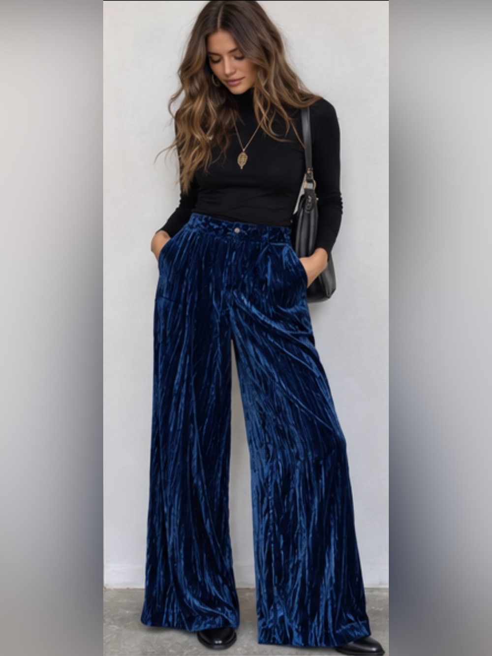 Free People Runaway Crushed Velvet Wide Leg Pants Azul Blue Size 12